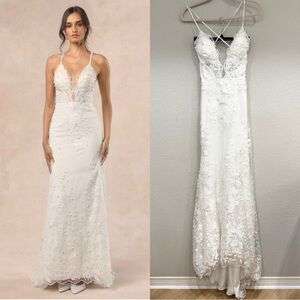 Sz 4 NWOT Lulus Enchanting Eternity Ivory Pearl Lace-Up‎ Backless Maxi Dress